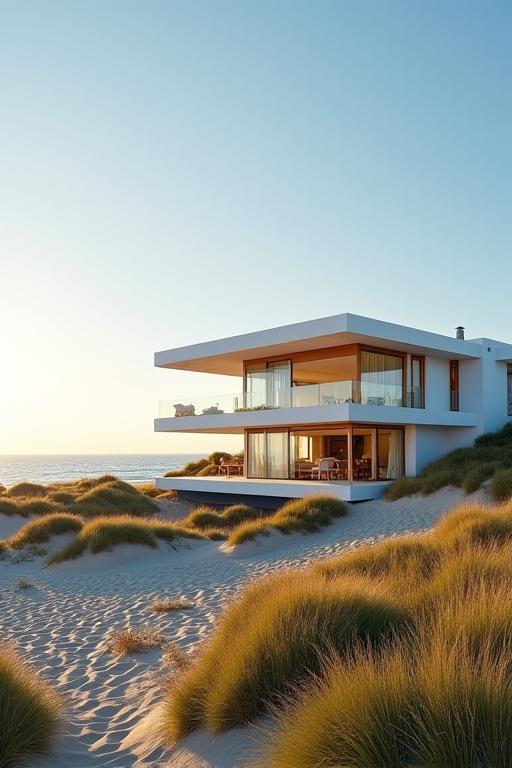 A contemporary beach house in Brighton with large windows.