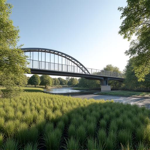 The Mernda Community Bridge, a pedestrian and cycle bridge in a park.