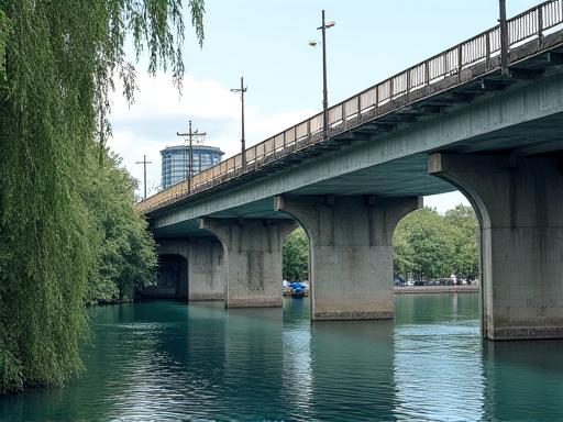 A contemporary concrete bridge spanning a waterway.