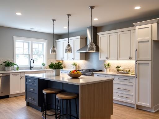 A beautifully remodelled modern kitchen with an island.