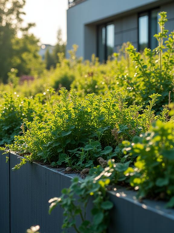 A close-up of a green roof with vegetation on a modern building.